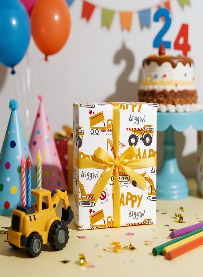 LeZakaa Kids Wrapping Paper Roll – Construction Truck & Excavator Theme with Happy Diggin’ Design – Mini Roll 17 in x 16.4 Ft Gift Wrap for Boys Birthday, Party, Baby Shower - Image 4